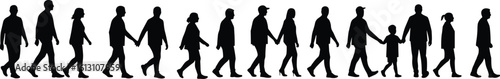 Silhouette Collection of Diverse People Walking, Including Individuals and Families Holding Hands, Representing Community, Connection, and Everyday Life Journeys.