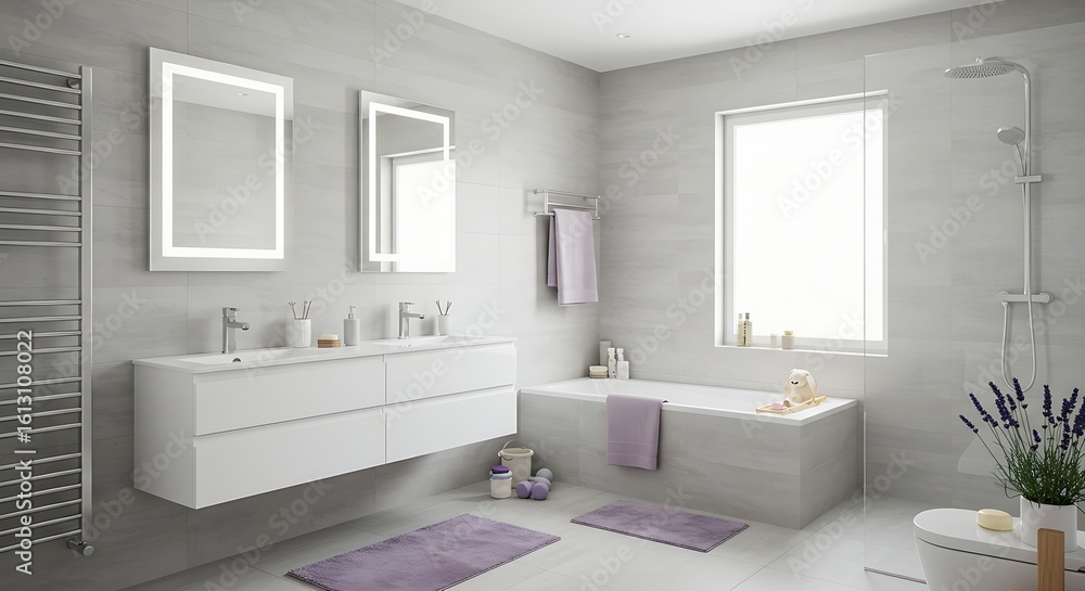 Fototapeta premium Modern Grey Bathroom: Double Vanity, Illuminated Mirrors, Bathtub & Clean Design