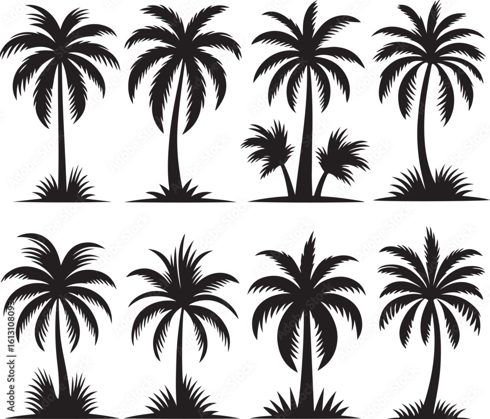 Fototapeta premium Palm tree silhouettes on a tropical summer landscape with beach and nature elements