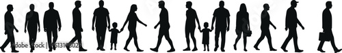 Diverse Group of Walking People Silhouettes Including Adults and Children, Representing Community, Movement, Public, and Everyday Life Concepts.