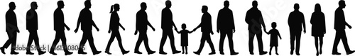 Diverse Group of Walking People Silhouettes Including Adults and Children, Representing Community, Movement, Public, and Everyday Life Concepts.