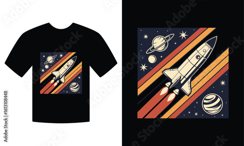 Rocket Launch Retro Graphic Tee with Space and Stars