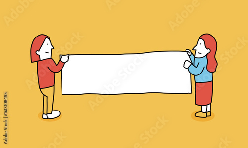 横断幕　白紙のスローガンを持つ女性のイラスト