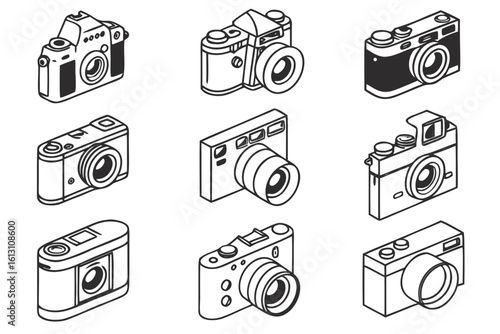 A collection of retro and modern camera icons isolated on white background, showcasing various styles and designs