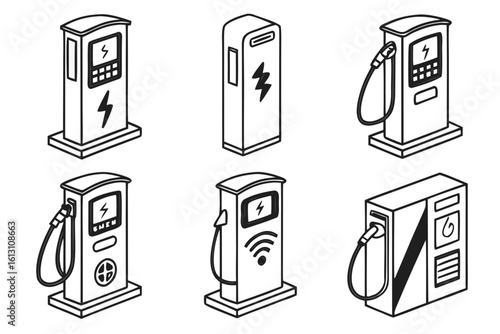 A set of electric vehicle charging stations are isolated on white background, representing sustainable transportation