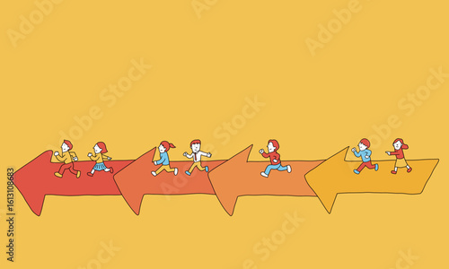 フェーズごとに前に進めるイメージ　矢印の上でゴールに向かって走る人々