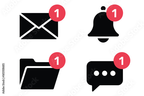  "Set of Four Notification Icons with Red Badge — Email, Bell, Folder, and Chat Bubble Symbols for UI, Alerts, and Digital Communication Themes"