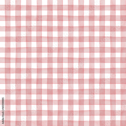 Pink gingham watercolor seamless pattern on white background. Hand drawn textile design with simple brush texture and bright color. Ideal for summer fabric or wallpaper and plaid creative project.