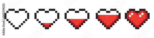 Pixel game life bar. Vector art 8 bit health heart bar. Gaming controller, symbols set