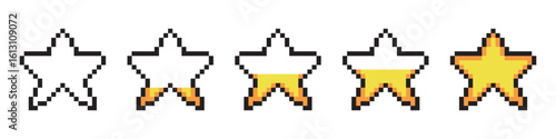 Pixel art rating stars. Golden star in style of retro 8bit arcade games, feedback rate icons vector set.