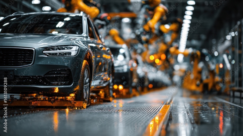 Fototapeta premium Robotic arms assembling vehicles on a modern production line, showcasing precision and automation in manufacturing.