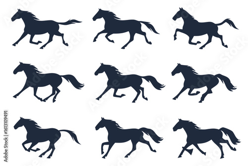 A dynamic collection of horse silhouettes in various galloping poses isolated on white background
