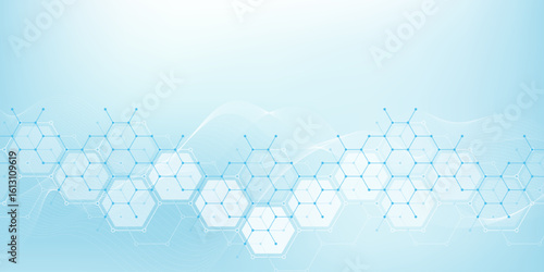 Health care or medical abstract background with hexagons, lines and dots. Scientific innovation banner template concept. Biology and pharmaceutical technology background. Vector illustration.