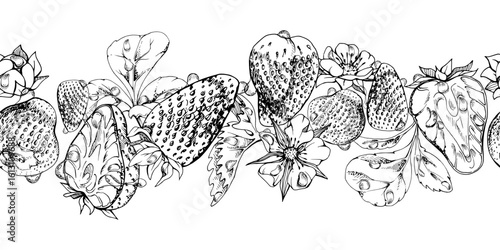 Strawberry ripe garden berries, flowers in water dew drops. Seamless isolated banner garland hand drawn in vector ink. Home preserves, textile washi tape, food store decor, recipe book, dessert menu