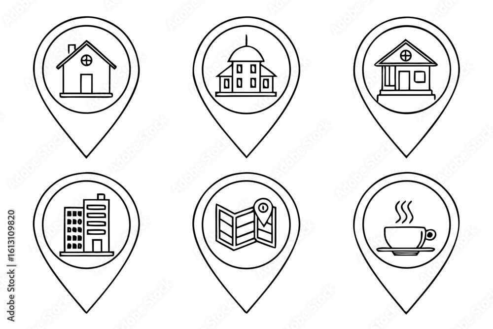 A collection of location pin icons featuring houses, buildings, maps, and a cup of coffee isolated on white background A collection of location pin icons featuring houses, buildings, maps, and a cup of coffee isolated on white background