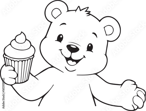 cute teddy bear with icecream black and white line art simple outlined drawing illustration vector printable coloring page on transparent background