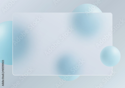 Abstract gradient background in the glassmorphism style with a large translucent rectangle and smooth blue spheres on a soft gray background.