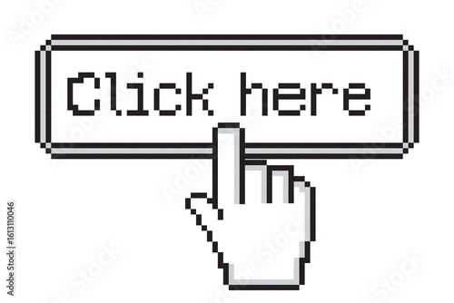Click here button with hand icon. Pixel style vector