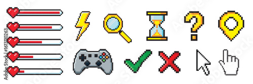 Pixel game menu buttons. Game 8 bit ui controller arrows, level and live bars, menu, stop, play buttons vector illustration set. Gaming menu buttons. Game interface pixel, gui 8-bit graphic.