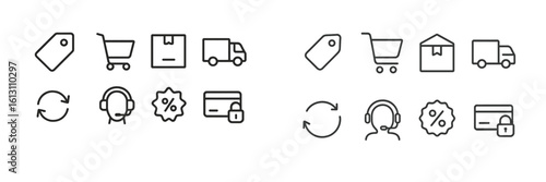 Various icons representing shopping, delivery, and customer service in a simplistic design suitable for digital use