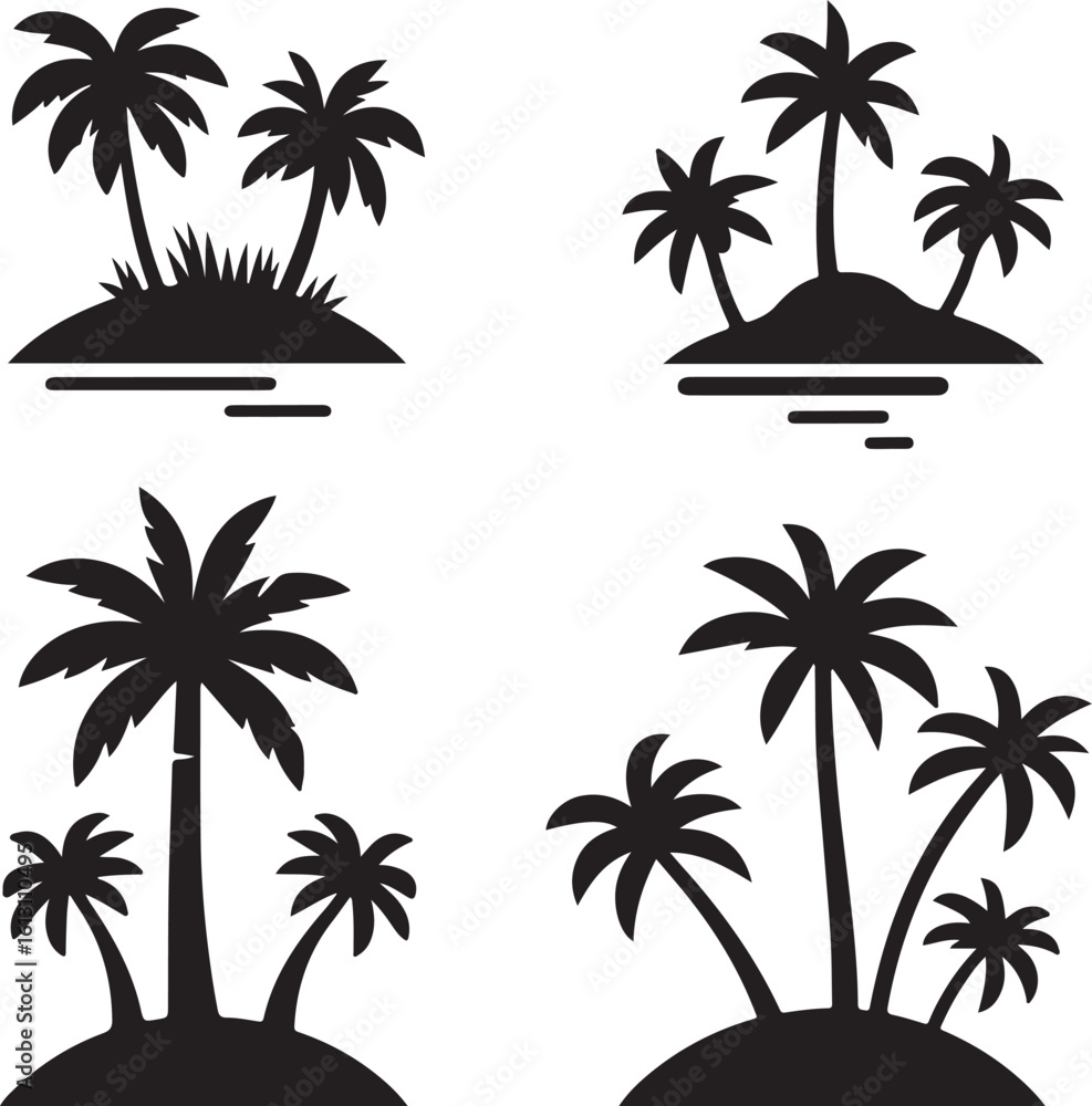 Fototapeta premium Palm tree silhouettes on a tropical summer landscape with beach and nature elements