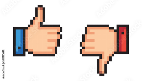 Pixel thumb up 3d, like pixel symbol. Set of Like and dislike icon
