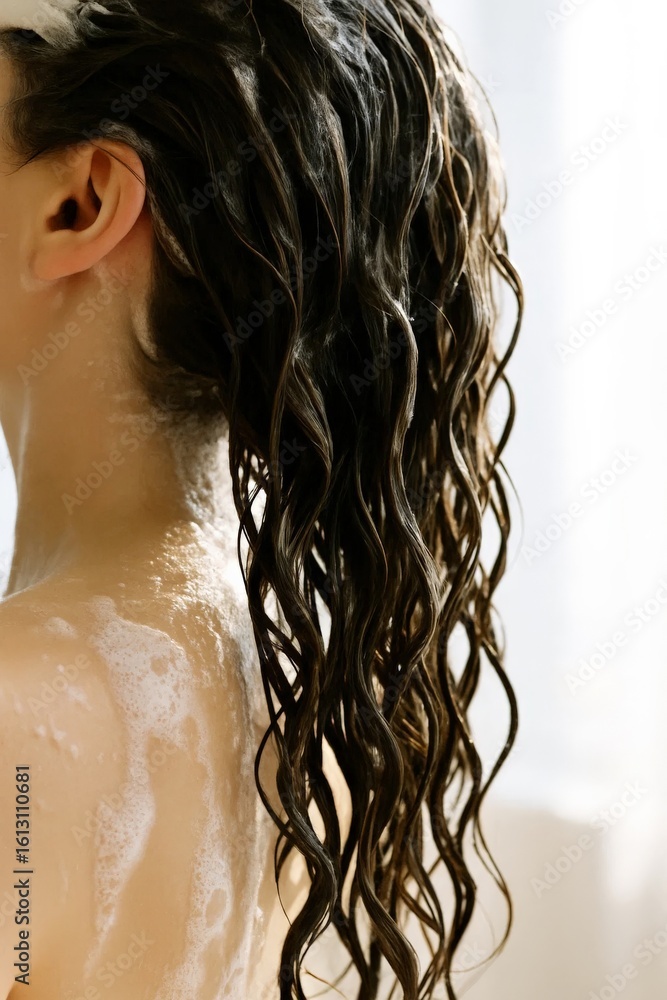 Naklejka premium Close-up of a woman washing her hair in the shower with shampoo and foam, showing wet, wavy strands and lathered skin in soft natural light.
