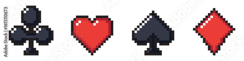 set of pixel playing card symbol, casino poker card icon club, ace, diamond, heart, clover, tile, spades, pikes.