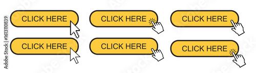 Click here button with hand icon. Set Pixel style vector