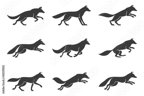 A dynamic array of fox silhouettes in motion, showcasing running and leaping poses, isolated on white background