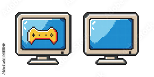 Pixelated illustration of a retro computer monitor with a blue screen