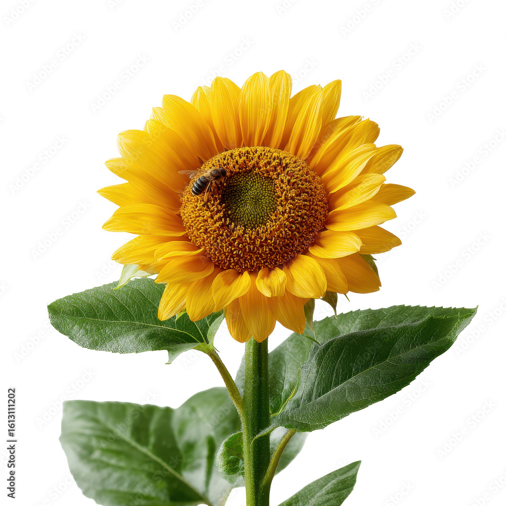 Naklejka premium A sunflower with a bee collecting nectar isoleted on transparent background .