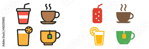 Various beverage icons featuring hot and cold drinks in a colorful design ideal for beverage menus or cafe themes