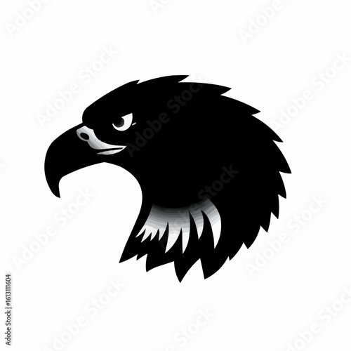 Bold Eagle Head Logo with Shaded Feathers, Fierce Bird of Prey Vector Design for Sports Teams, Wildlife Brands, Outdoor Adventure, Strong Predator Symbol, Black and White Digital Art

