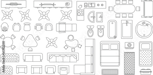 Furniture icon set for floor plan, interior design, living room, architectural elements, chair, sofa, table, bath, kitchen, couch, bedroom, bed, customizable stroke, vector, illustration