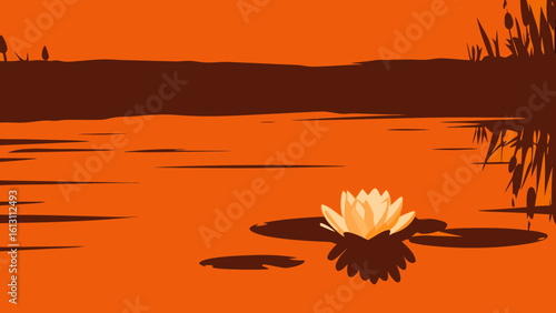 Stylized orange pond scene with water lily and reeds suitable for design projects and graphics