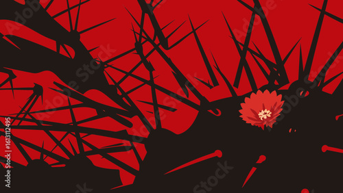 Abstract illustration featuring a black and red cactus design with a single blooming flower graphic