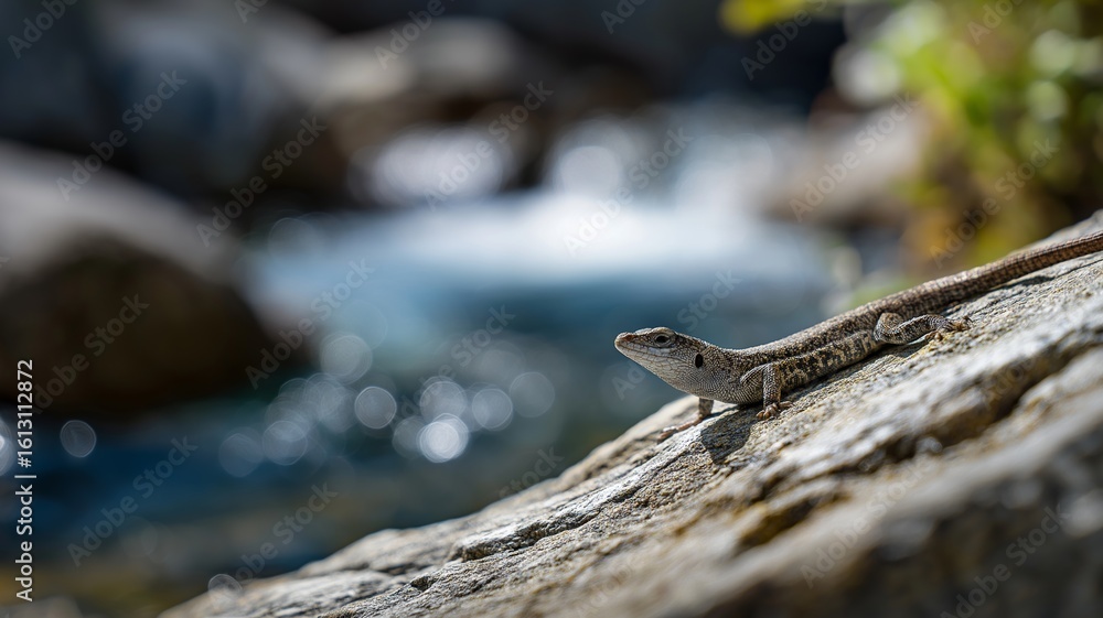 Obraz premium Lizard rests on a sunlit rock while a tranquil river flows in the background with blurred greenery.