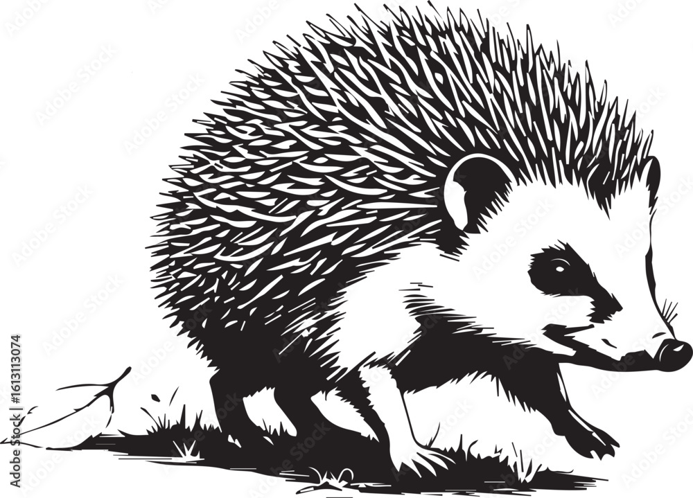 Fototapeta premium Curious Hedgehog Illustration: A monochrome illustration captures a charming hedgehog exploring its surroundings. This image offers a versatile visual for various projects.