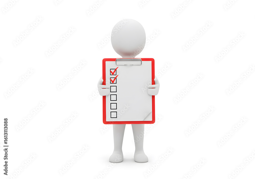 3D White Figure with Red Clipboard Checklist, Tasks Done, Agreement Concept, Isolated on White Background. 3D White Figure with Red Clipboard Checklist, Tasks Done, Agreement Concept, Isolated on White Background.