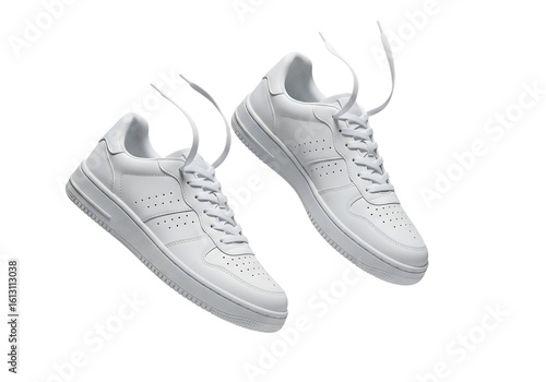 Pair of new white leather sneakers with untied shoelaces floating in the air. Isolated on transparent background, png