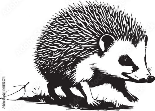 Curious Hedgehog Illustration: A monochrome illustration captures a charming hedgehog exploring its surroundings. This image offers a versatile visual for various projects.
