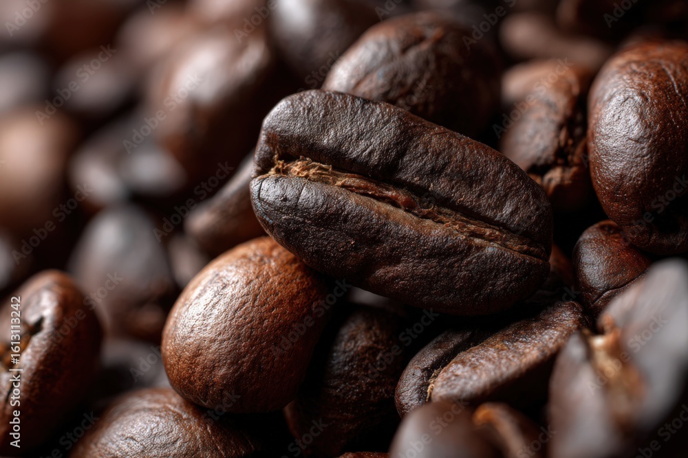 A detailed close up view of a pile of dark coffee beans placed on a table A detailed close up view of a pile of dark coffee beans placed on a table