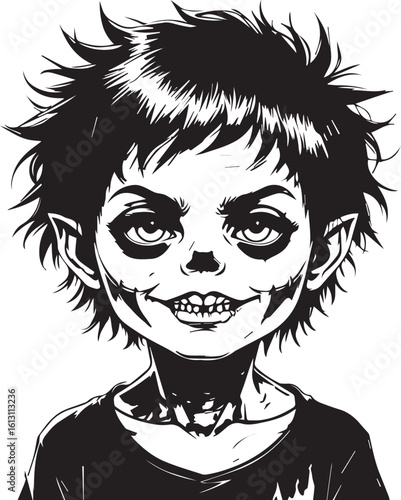 Creepy Caricature: A stylized monochrome depiction of a sinister child, with stark black lines emphasizing features, hinting at a darker, unsettling narrative.