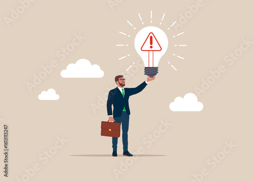 Businessman holding hold brightly lit exclamation attention sign lightbulb. Incident management, root cause analysis or solving problem, identify risk or critical failure concept. Vector illustration