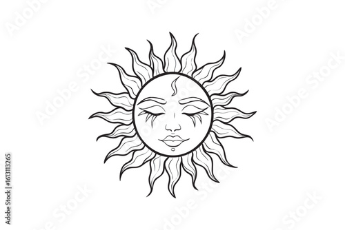 Mystical Sun Face Line Art Illustration with Closed Eyes Crescent Moon Detail and Stylized Rays Perfect for Tattoo Design Coloring Books or Spiritual Art Projects