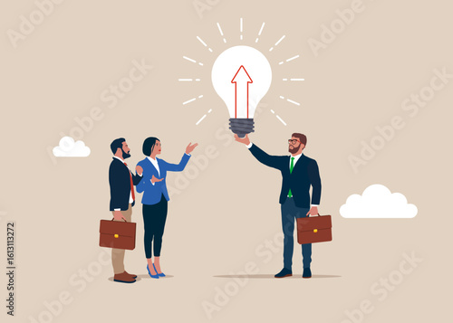 Businessman holding hold brightly lit arrow up lightbulb. idea happiness. Investment profit growth, financial advisor. Make money to get rich or increase earning or income. Flat vector illustration