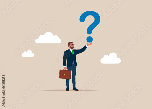 Businessman holding question mark. Thinking of who what where when why and how. 5w1h asking questions for solution to solve problem, business analysis to new idea. Flat vector illustration