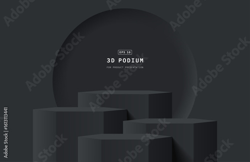 Abstract black 3d background studio room. Realistic 3d hexagon podium stand with round circle window background. Minimal wall scene for mockup or product display stand. Vector geometric platform.