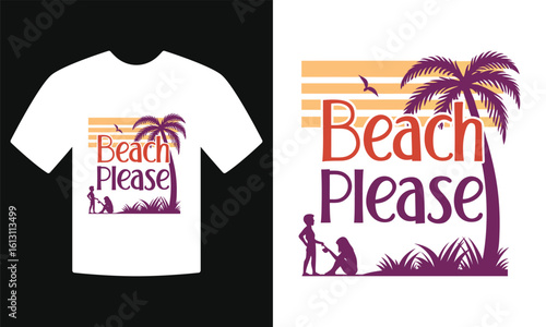 Beach Please T-Shirt Design with Palm Tree and Sunset